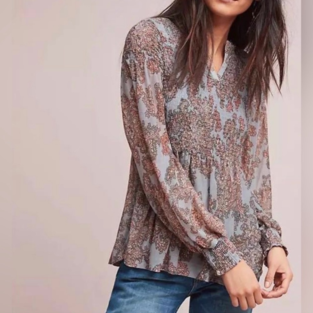 Akemi + Kin ADRIA Paisley Smocked Peasant Blouse Size S